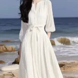 White Chiffon Dress for Women Elegant Fit Short Sleeve Round Neck Casual Summer Wear