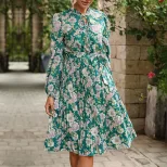 Vintage Floral Print Long Sleeve Dress Ruffled Design Round Neck Elegant Style Perfect for Casua