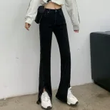 2022年秋冬新款高腰微喇开叉牛仔裤女长裤阔腿显瘦显高弹力喇叭裤