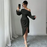 Asymmetrical Long Sleeve Dress Ruched Slit Bodycon Fit Elegant Evening Wear Wholesale Available