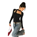 American Style Long Sleeve Crop Top Square Neck Slim Fit Adjustable Tie Soft Fabric Casual Wear