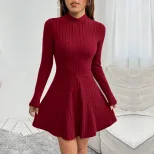 Womens A Line Dress Slim Fit Half Turtleneck Long Sleeve Ribbed Fabric Spring Summer Fashion Who