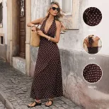Vintage Polka Dot Maxi Dress Halter Neck V Neck Sleeveless Retro Style Perfect for Summer Vacati