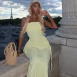 Womens Sexy Solid Color Midi Dress Backless Spaghetti Straps Casual Style Perfect for Summer Eve