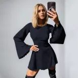 Elegant Womens Dress Spring Summer Collection Flared Sleeves Backless Design Short Length Perfec