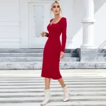 Elegant Long Sleeve Bodycon Dress Square Neck Side Slit Figure Flattering Perfect for Parties an