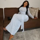 Elegant Womens Midi Dress Solid Color Waist Defining Pleated Round Neck Long Sleeve Perfect for