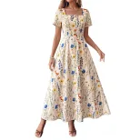 Floral Print Square Neck Short Sleeve Dress French Vacation Style Summer Collection Wholesale Av