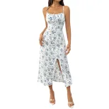 Floral Print A Line Midi Dress Fresh Style High Waist Sleeveless Summer Casual Wear Wholesale Av