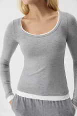 Womens Long Sleeve Color Block T Shirt Slim Fit U Neck Modal Knit Fabric Casual Wear for Spring