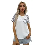 Casual Womens T Shirt Round Neck Short Sleeve Color Block Leopard Print Summer Wear Wholesale Av