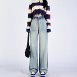 渐变撞色牛仔裤女2022秋冬新款韩版高腰显瘦设计感垂感阔腿拖地裤