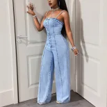 Summer Womens Denim Jumpsuit Casual Sleeveless Adjustable Straps Comfortable Fit Perfect for Out