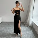 Lace Cutout Sexy Maxi Dress Summer Elegant Black Sleeveless Minimalist Style Wholesale Available