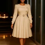 A Line Dress Long Sleeve High Waist Round Neck Solid Color Elegant Party Wear Wholesale Availabl