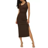 Summer Womens Dress Slim Fit Waist Design Side Slit Elegant Style Brown Available in S to XL Wholesale