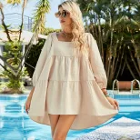 Bohemian Style Square Neck Midi Dress High Waist Three Quarter Sleeves Solid Color Spring Fashio