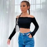 Womens Street Style Knit Crop Top Off Shoulder Long Sleeve Casual Trendy Design Perfect for Ever