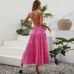 Summer High Waist Hollow Out Maxi Dress Sexy Halter Neck Solid Color Elegant Style Perfect for P