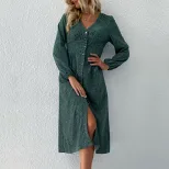 Fashionable Womens Long Sleeve Dress V Neck Single Breasted Elegant Design Autumn Wear Wholesale