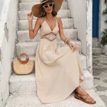 Casual Vacation Long Dress Backless Design Bow Tie Neck Lightweight Fabric Perfect for Summer Ge