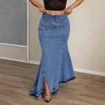 Slim Fit Long Denim Mermaid Skirt High Waist Butt Lifting Elegant Design Perfect for Casual and