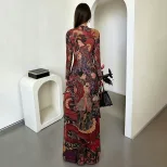 Womens Long Tunic Top Fashionable Round Neck Unique Print Slim Fit High Split Spring Style Whole