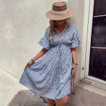 Blue Floral Print V Neck Summer Dress for Women Fresh and Sweet Style Available in Multiple Sizes Wholesale Supply