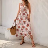 Tropical Floral Print Maxi Dress Sleeveless V Neck Flowy Design Perfect for Vacation or Resort W