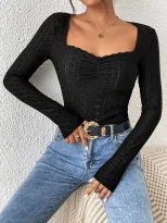 Womens Basic Fashion T Shirt Simple Design Square Neck Long Sleeve Lace Trim Solid Color Spring