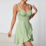 A Line Ruffle Hem Dress Waist Defining Sleeveless Lightweight Fabric Casual Vacation or Resort W