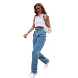 High Waisted Straight Leg Jeans Floor Length Slim Fit Comfortable Denim Casual Wear for Women Wh