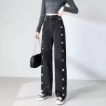 2022年秋季新款爱心刺绣高腰显瘦牛仔裤女韩版直筒宽松阔腿拖地裤