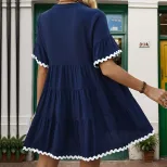 V Neck Solid Color Dress with Ruffled Hem for Beach Vacation Casual Wear in Blue Available in S to XL Wholesale
