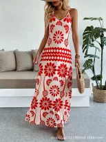 Bohemian Maxi Dress for Women Floral Print Adjustable Straps Lightweight Fabric Summer Casual We