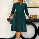 Plus Size Womens Dress Solid Color Fashionable Pleated Three Quarter Sleeve Suitable for Casual Occasions Wholesale