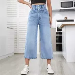 High Waisted Wide Leg Jeans Straight Cut Cropped Length Denim Fabric Casual Wear for Women Whole