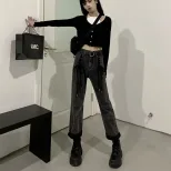 速卖通牛仔裤女2023春季新款韩版高腰显瘦百搭阔腿绑带辣妹直筒裤