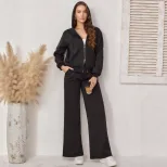 Womens Black Casual Tracksuit Slim Fit Fleece Lined Hooded Double Zipper Long Pants Autumn Winte