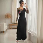Elegant Long Sleeve Embroidered Dress Irregular Hem Spring Fall Style Perfect for Banquets and S
