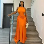 Elegant Sleeveless Bodycon Dress Ruffled Waist Solid Color Slim Fit Perfect for Parties and Even