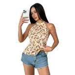 Summer Floral Print Backless Halter Top Sexy Design Casual Style Lightweight Fabric Wholesale Av