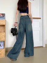 复古垂感牛仔裤女2023春秋设计感高腰辣妹宽松直筒拖地阔腿长裤