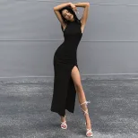 Sleeveless Round Neck Midi Dress Bodycon Fit Side Slit Summer Style Perfect for Casual Outings W