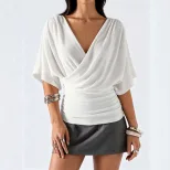 French Style Batwing Sleeve Top V Neck Ruched Waist Slim Fit Elegant Casual Wear for Office Whol