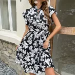High Waist Midi Dress Floral Print Black Color Summer Style Wholesale Available private label