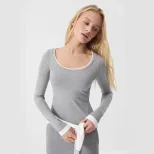 Womens Long Sleeve Color Block T Shirt Slim Fit U Neck Modal Knit Fabric Casual Wear for Spring