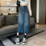 跨境水泥灰2024早春牛仔半身裙女小个子新款高腰中长款a字裙子