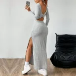 Elegant Womens Dress Minimalist Design Square Neck Long Sleeve Backless Spring Summer Occasion W