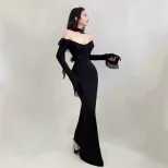 Elegant Long Sleeve Bodycon Dress Off Shoulder Design Fringe Detail High Waist Flared Sleeves Pe